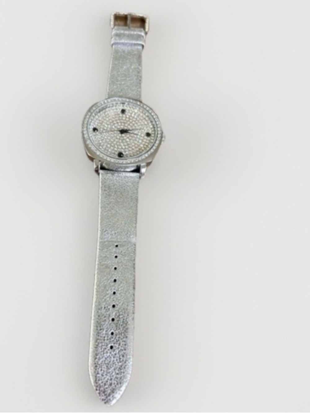 Joan Boyce Pave Crystal Watch with Genuine Leather Strap Silver